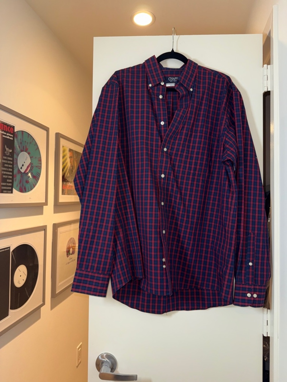 Chaps Men's Navy & Red Plaid Button-Down Shirt with collar Size Large